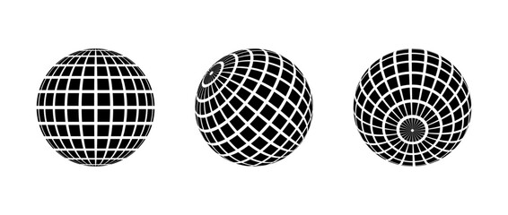 Black disco ball set. Collection of wireframe spheres in different angles. Grid globe or planet bundle. Outline mirrorball element pack for poster, banner, music cover, party. Vector illustration - obrazy, fototapety, plakaty