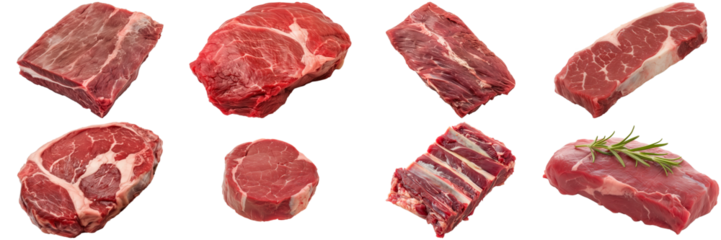 Set of raw different parts of beef such as Brisket, Ribeye, Round beef, Short Ribs,  Brisket, Ribeye, Round beef, Short Ribs, New York Strip of beef, Flank, Sirloin  isolated on transparent background