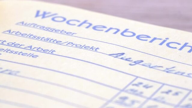close-up of part of handwritten tabular document sheet in German weekly report, Historical Detective Work, weekly internship review during internship, research projects or professional training