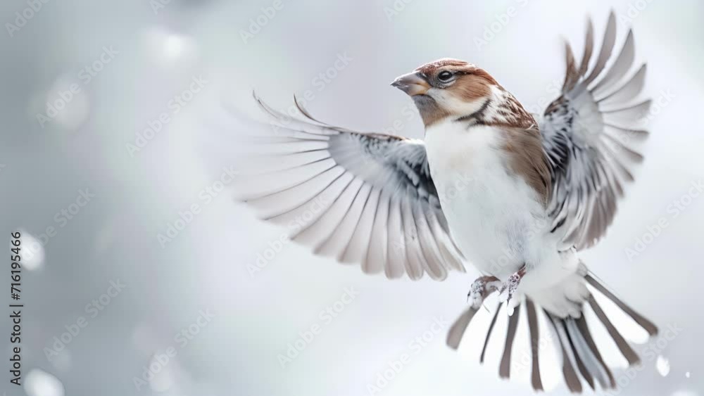 Poster closeup of a snow bunting spreading its wings displaying its intricate feather patterns as it takes 