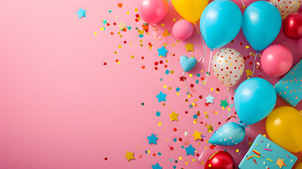 Vibrant balloons and confetti create a playful atmosphere of love and celebration, surrounded by sweet treats and bursts of color on a cheerful pink backdrop