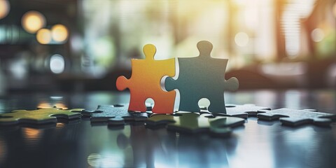 Jigsaw puzzle connecting together. Team business success partnership or teamwork - obrazy, fototapety, plakaty