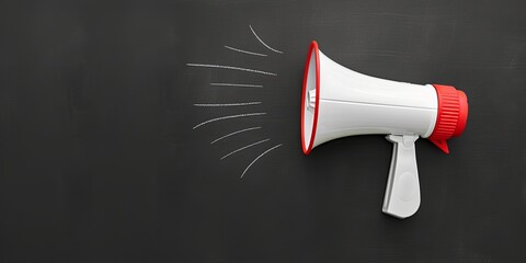 White and red megaphone or bullhorn with lines over black blackboard