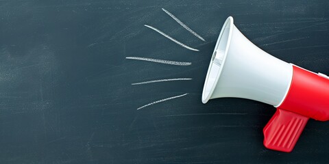 White and red megaphone or bullhorn with lines over black blackboard