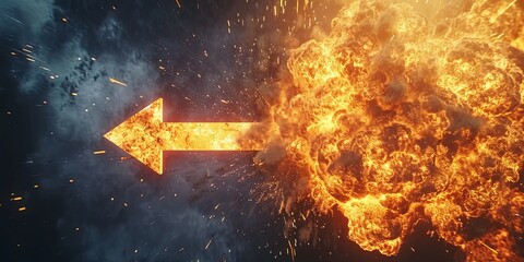 Explosion simulation with arrow sign, original 3d rendering illustration - obrazy, fototapety, plakaty