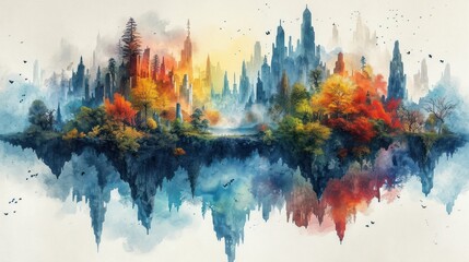 Surreal landscapes are brought to life in a watercolor masterpiece. - obrazy, fototapety, plakaty