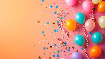 A vibrant celebration awaits as colorful balloons and confetti adorn the party scene, inviting joy and excitement for all