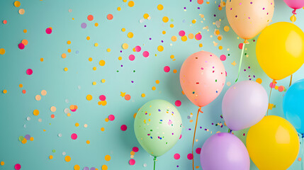 Vibrant balloons and playful confetti create a festive atmosphere, setting the scene for a joyous celebration filled with color and excitement