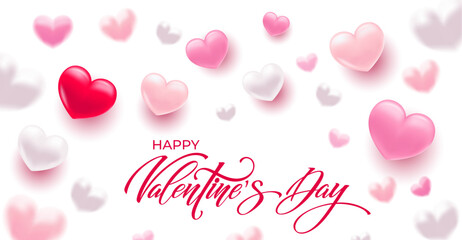 Happy Valentine's Day hand lettering vector. With a beautiful background of 3D hearts. Vector illustration. Text for a card or invitation.