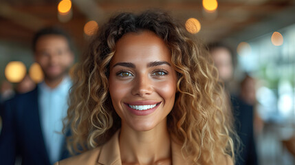 Obraz premium Close-up view of a smiling and confident African American female business executive - CEO - Professor - Office worker - blurred background - strong black female 