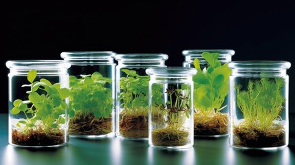 Plant tissue culture is grown in glasses jars in laboratory room.  Smart farm agriculture industry and biotechnolog. Generative AI - obrazy, fototapety, plakaty