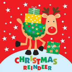 Christmas Card with Reindeer and Gifts in red background