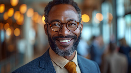 Close-up view of a smiling and confident African American male business executive - CEO - Professor - Office worker - blurred background - motivated black professional 