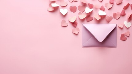 Love Letter Envelope with Paper Craft Hearts on Minimalist Pink Background, Copy Space, Valentine
