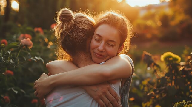 Image of a teenage daughter embracing her mother in a warm hug, in a garden bathed in the soft glow of sunset light 