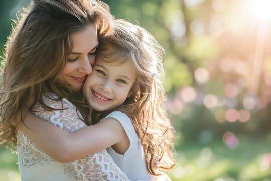 Mother and daughter in a joyful hug in a park 