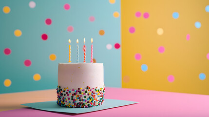A colorful birthday cake adorned with flickering candles, crafted with sugary precision and bursting with sweetness, against a charming backdrop of indoor walls