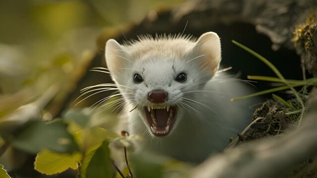 Closeup of an ermines sharp pointed teeth peeking out from its white face a reminder of its fierce hunting abilities despite its small size