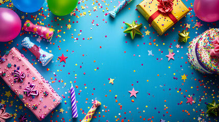 Joyful celebration awaits with vibrant party supplies, floating balloons, and festive presents on a lively blue backdrop