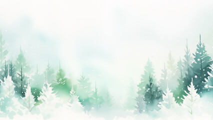 Watercolor misty forest hill with evergreen trees. Rustic winter fog scene . Wild nature.
