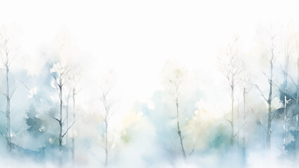 Watercolor misty forest. Rustic winter foggy scene . Wild nature. 
