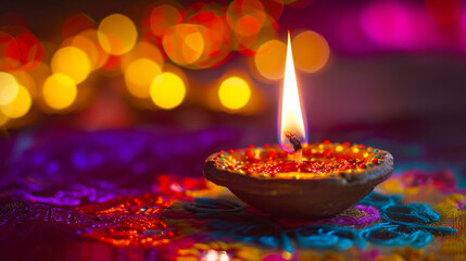 Festive Candle on Ornate Background.
A lit diya with vibrant bokeh lights, symbolising celebration.