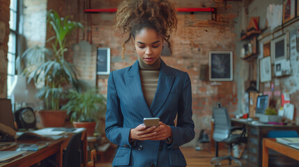 Black female business executive in a blue suit looking at her cellphone - texting - deep in thought - serious expression - stylish fashion - leader - planning