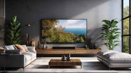 Fototapeta premium A luxurious living room boasts a grand nature-inspired painting above a modern media console, flanked by chic décor and lush houseplants. 