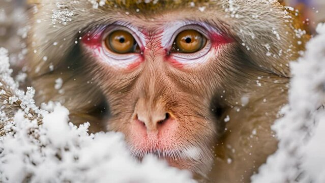 Closeup of a curious macaque with bright eyes and rosy peering through a blanket of powdery snow