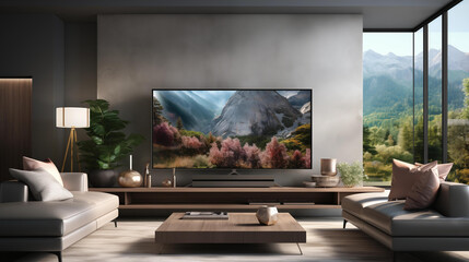 This modern living room features sophisticated decor, a sleek chaise lounge, and a television showcasing a stunning mountain landscape.
