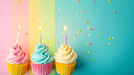 Indulge in a decadent treat as vibrant cupcakes adorned with creamy buttercream, sugary sprinkles, and flickering candles evoke the nostalgic sweetness of a birthday celebration