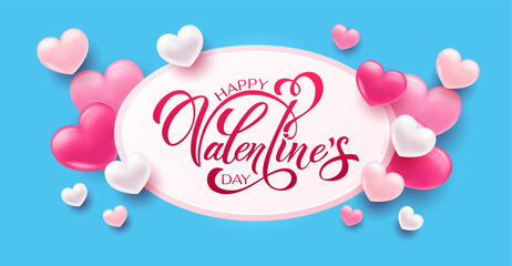 Naklejka premium Happy Valentine's Day hand lettering vector. With a beautiful background of 3D hearts. Vector illustration. Text for a card or invitation.