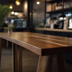 Wood table top on blurred of counter cafe shop with light bulb background.For montage product display or design key visual layout.