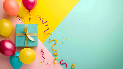 A colorful celebration awaits, as a vibrant gift box adorned with balloons and streamers brings joy to the party supply scene - obrazy, fototapety, plakaty
