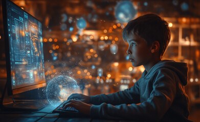 people in the city at night A young boy sits in front of a computer, researching data and the universe.