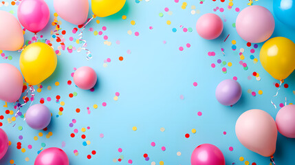 Vibrant balloons and colorful confetti create a lively atmosphere on a serene blue surface, evoking feelings of joy and celebration at this party supply adorned event