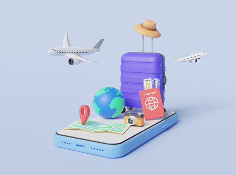 Online travel on smartphone. Travel and tourism, online booking service, Mobile Application, Trip planning. Travel equipment and luggage. Concept for website or mobile app. 3d render illustration