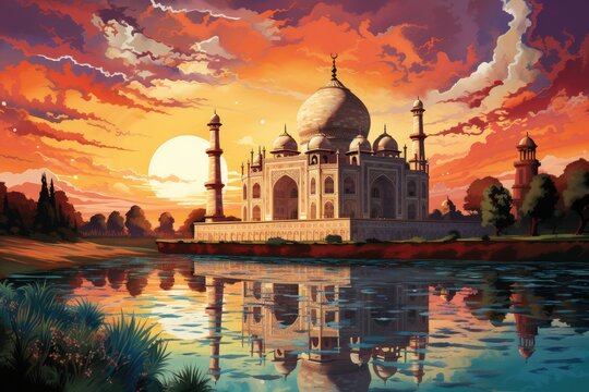 A sunrise over the Taj Mahal in India.