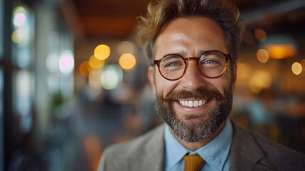 Fototapeta premium Close-up view of a smiling and confident white male business executive - CEO - Professor - Office worker - blurred background - motivated professional