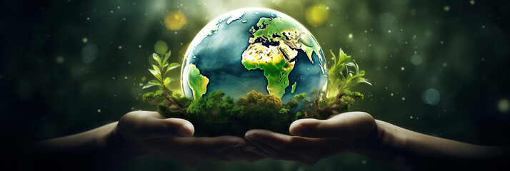 illustration of the earth on a hand, a symbol of caring for the environment and caring about the...