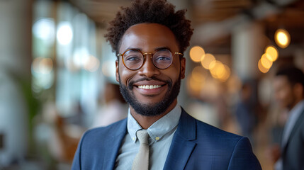 Close-up view of a smiling and confident African American male business executive - CEO - Professor - Office worker - blurred background - motivated black professional  - obrazy, fototapety, plakaty