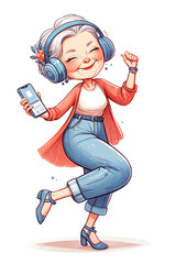 Cute old woman in casual clothes, wearing headphones and dancing to music on her smart phone, elderly with modern technology concept