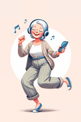 Old woman in casual clothes, wearing headphones and dancing to music on her smart phone, elderly with modern tech concept