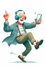 Old man in casual clothes, wearing headphones and dancing to music on his smart phone, elderly with modern technology concept