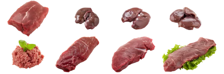 Tuinposter Collection of Ostrich meat such as Ostrich Ground Meat, Ostrich Liver, Ostrich Fillet, Ostrich Steak, Ostrich Tenderloin isolated on transparent background © Nataliia