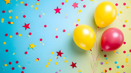 Vibrant bursts of yellow and red adorn the festive scene, as cheerful balloons and confetti bring joy to any party