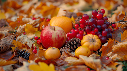 Naklejka na ściany i meble Autumn Fruits On Autumn Leaves, Fruit Day, Generative Ai