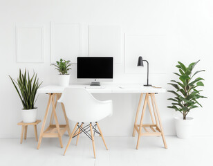 office with table, chair, computer on the table and plant isolated on white