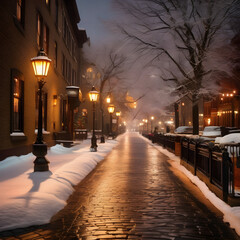  Winter Wonderland: Cobblestone Street Lined with Snow-Covered Trees