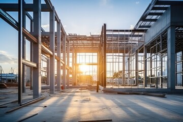 Sunset View through the Skeleton of a Modern Building Under Construction - obrazy, fototapety, plakaty